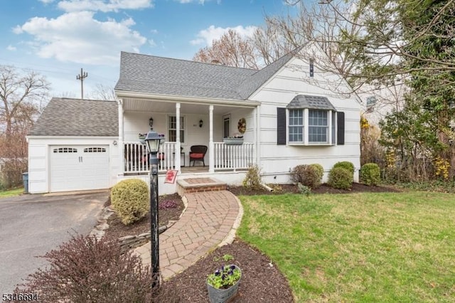 view of front of property featuring crawl space, an attached garage, aphalt driveway, a shingled roof, and covered porch