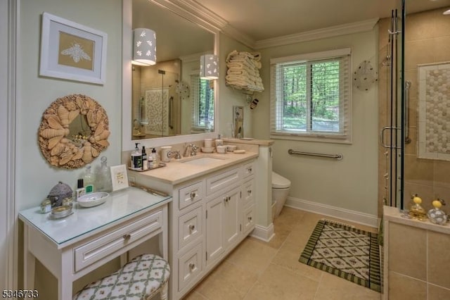 bathroom featuring tile patterned flooring, toilet, baseboards, ornamental molding, and a stall shower