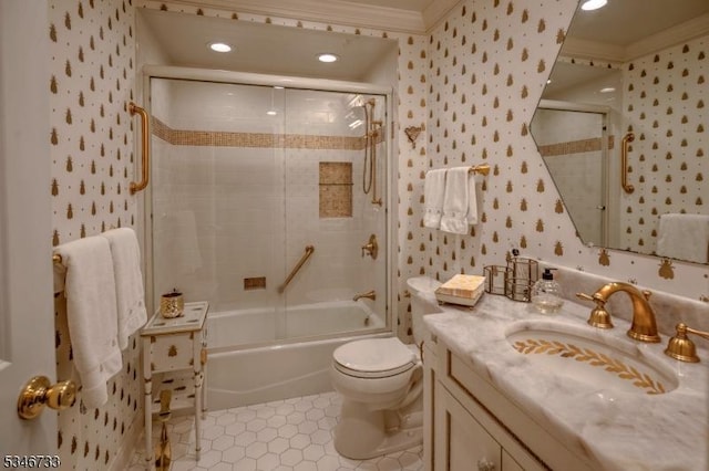 full bathroom featuring crown molding, wallpapered walls, tile patterned flooring, and vanity