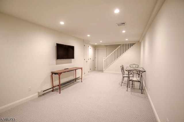 interior space with recessed lighting, carpet flooring, stairs, and visible vents