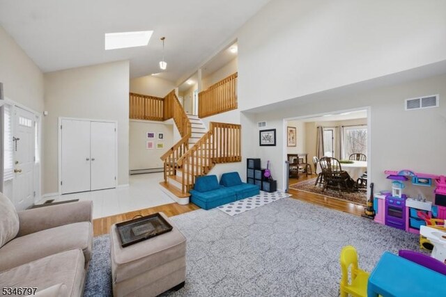 100 Toner Rd, Boonton Town, NJ 07005 - living room with high vaulted ceiling, stairway, wood finished floors, a skylight, and visible vents