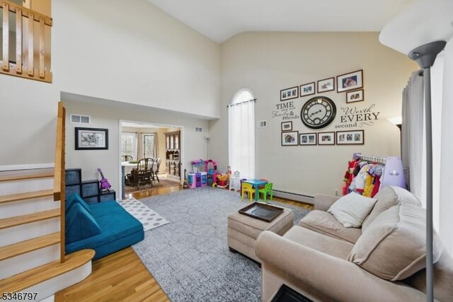 100 Toner Rd, Boonton Town, NJ 07005 - living room featuring high vaulted ceiling, stairway, wood finished floors, baseboard heating, and visible vents