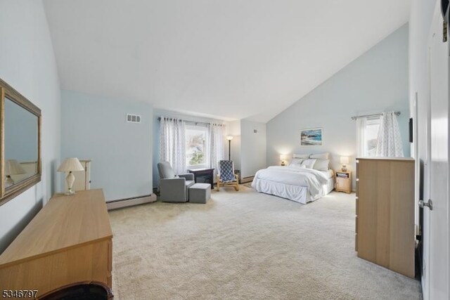 100 Toner Rd, Boonton Town, NJ 07005 - bedroom with a baseboard radiator, high vaulted ceiling, carpet, and visible vents