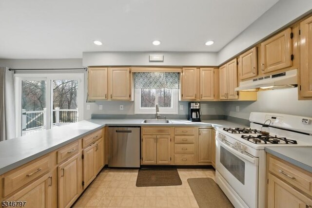 100 Toner Rd, Boonton Town, NJ 07005 - kitchen featuring under cabinet range hood, a sink, dishwasher, white gas range oven, and light brown cabinets