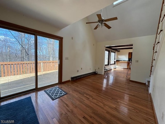 57 Park Rd, Sparta Twp, NJ 07871 - unfurnished living room featuring baseboard heating, wood finished floors, ceiling fan, baseboards, and high vaulted ceiling