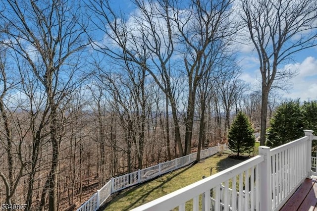 wooden deck featuring a fenced backyard, a view of trees, and a lawn
