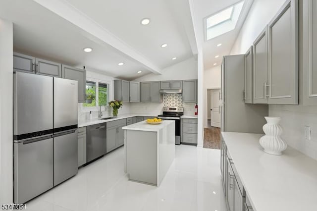 159 Musconetcong River Rd, Lebanon Twp, NJ 07882 - kitchen with stainless steel appliances, gray cabinetry, tasteful backsplash, under cabinet range hood, and a sink