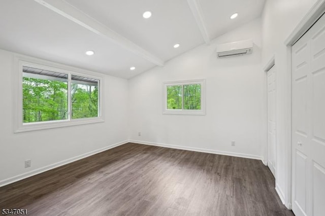 159 Musconetcong River Rd, Lebanon Twp, NJ 07882 - unfurnished bedroom with multiple windows, a wall mounted air conditioner, dark wood finished floors, baseboards, and recessed lighting