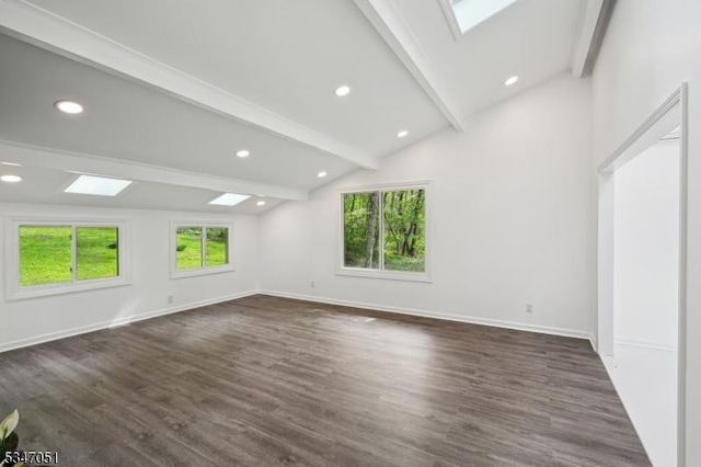 159 Musconetcong River Rd, Lebanon Twp, NJ 07882 - unfurnished living room with a skylight, baseboards, dark wood-style floors, and recessed lighting