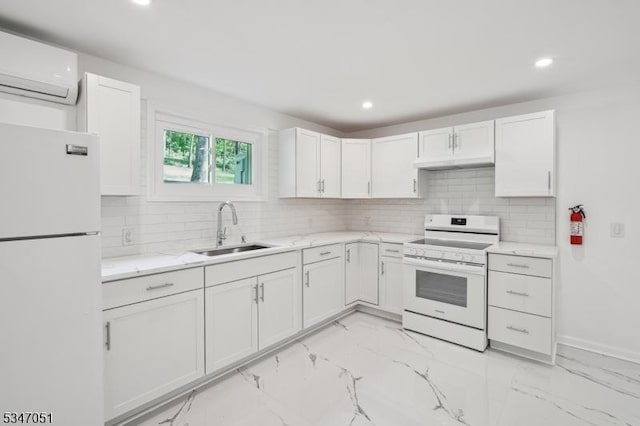 159 Musconetcong River Rd, Lebanon Twp, NJ 07882 - kitchen with white appliances, a sink, a wall mounted AC, light marble finish floors, and recessed lighting