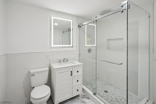 159 Musconetcong River Rd, Lebanon Twp, NJ 07882 - full bathroom with marble look tiles, toilet, vanity, and a stall shower
