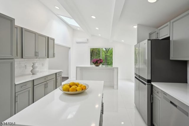 159 Musconetcong River Rd, Lebanon Twp, NJ 07882 - kitchen featuring gray cabinetry, light countertops, tasteful backsplash, stainless steel appliances, and recessed lighting