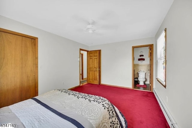 bedroom with ceiling fan, baseboard heating, carpet floors, baseboards, and a closet