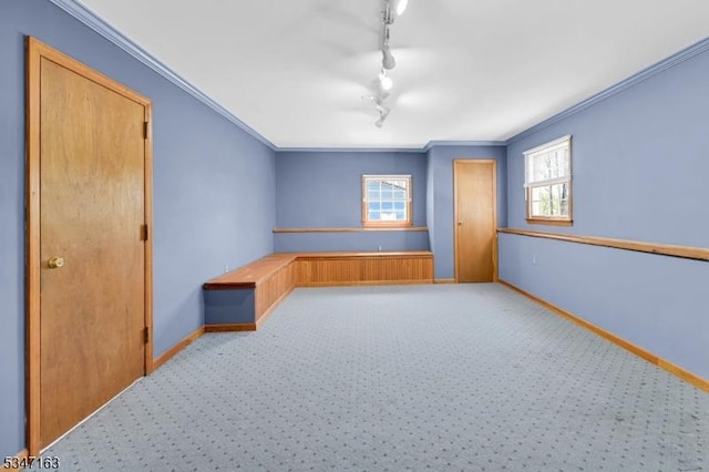 carpeted empty room with track lighting, ornamental molding, and baseboards