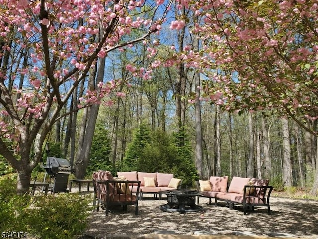 surrounding community featuring a patio area, outdoor lounge area, and a forest view