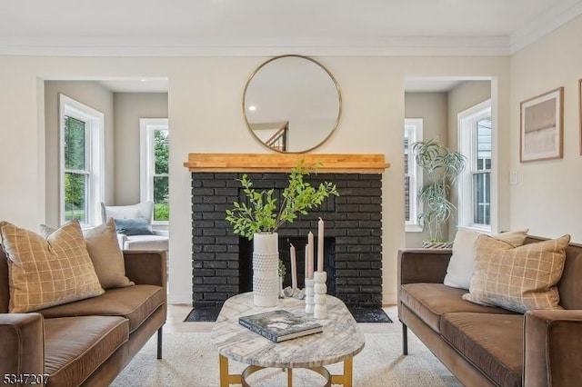 39 Walnut Cres, Montclair Twp, NJ 07042 - living area featuring a brick fireplace and ornamental molding