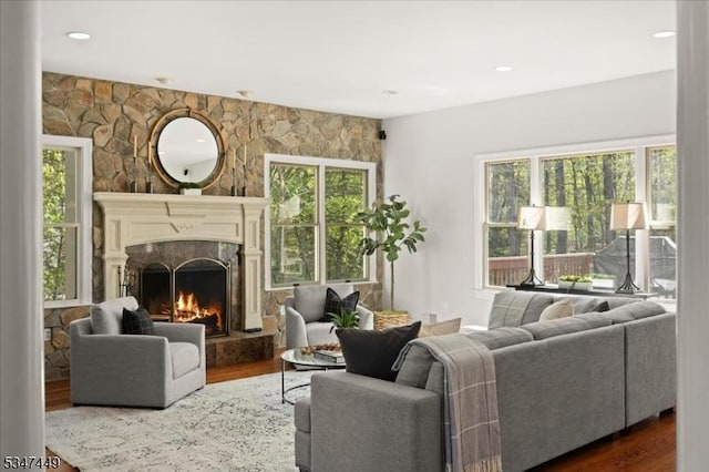 living room with a premium fireplace and dark wood-style floors
