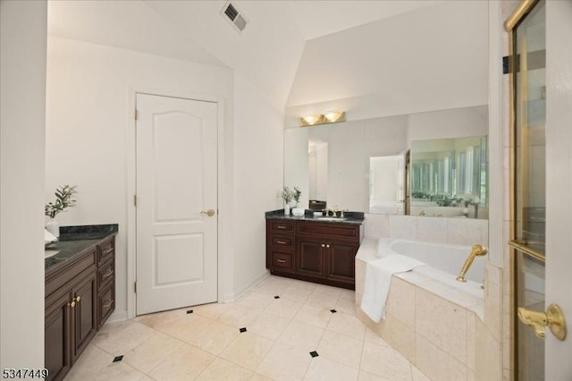 bathroom with a garden tub, tile patterned flooring, visible vents, vanity, and an enclosed shower