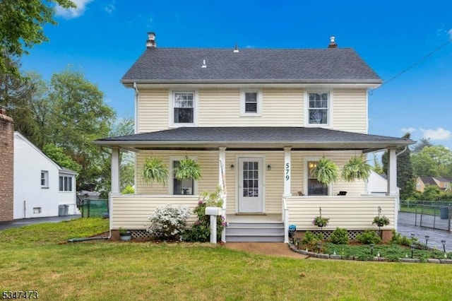 577-9 Greenbrook Rd, North Plainfield Boro, NJ 07063 - view of front of property featuring covered porch, cooling unit, and a chimney