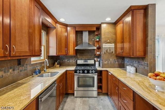 577-9 Greenbrook Rd, North Plainfield Boro, NJ 07063 - kitchen with wall chimney exhaust hood, appliances with stainless steel finishes, a sink, light stone counters, and decorative backsplash