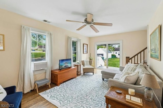 577-9 Greenbrook Rd, North Plainfield Boro, NJ 07063 - living area featuring ceiling fan, wood finished floors, and stairway