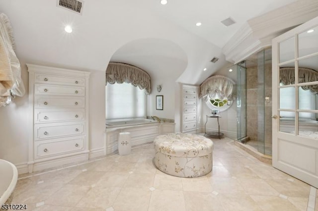 bathroom featuring recessed lighting, visible vents, a garden tub, and a stall shower