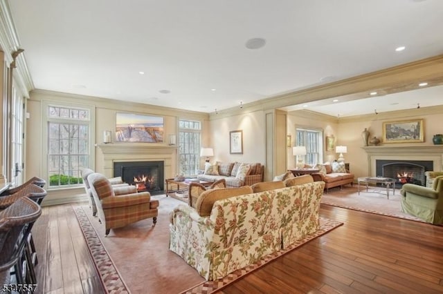 living area featuring hardwood / wood-style flooring, crown molding, and a lit fireplace