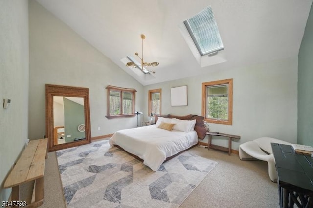 69 Mount Pleasant Rd, Knowlton Twp, NJ 07832 - bedroom featuring baseboards, high vaulted ceiling, light colored carpet, a notable chandelier, and a skylight