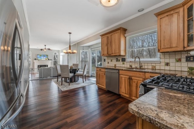 kitchen featuring an inviting chandelier, plenty of natural light, stainless steel appliances, and a sink