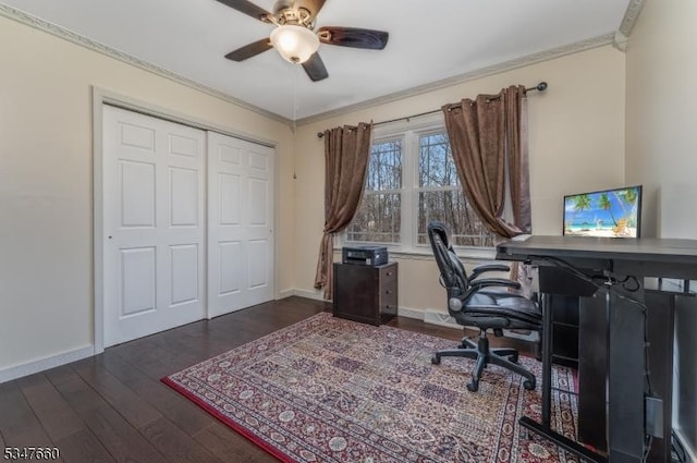 office with baseboards, crown molding, and dark wood-style floors