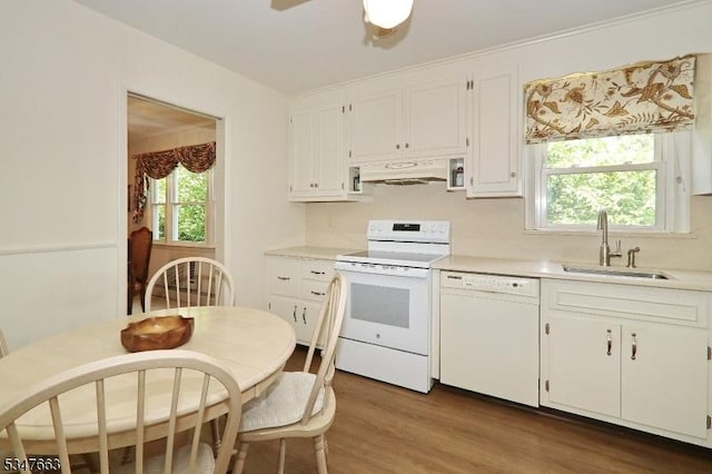 2379 Bryant Ave, Scotch Plains Twp, NJ 07076 - kitchen featuring white appliances, under cabinet range hood, light countertops, and wood finished floors