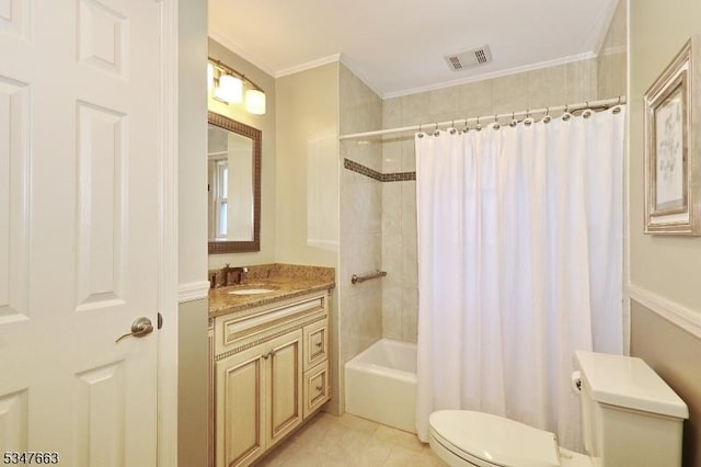 2379 Bryant Ave, Scotch Plains Twp, NJ 07076 - bathroom with vanity, shower / bathtub combination with curtain, ornamental molding, and tile patterned flooring