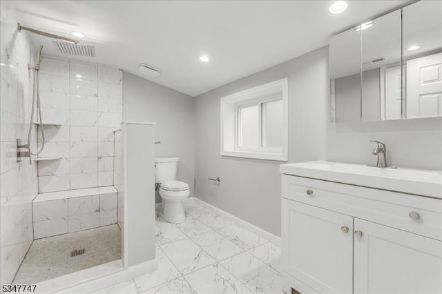 7 Mondamin Rd, Vernon Twp, NJ 07422 - bathroom with vanity, marble finish flooring, recessed lighting, tiled shower, and vaulted ceiling
