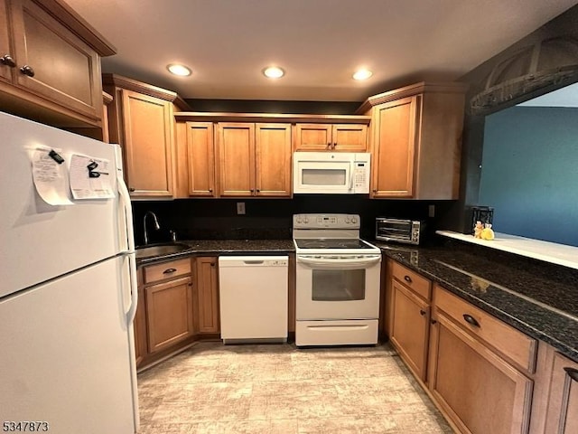 913 Renate Dr Unit 2, Hillsborough Twp, NJ 08844 - kitchen featuring white appliances, a sink, dark stone counters, and recessed lighting