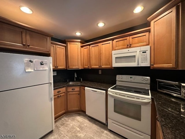 913 Renate Dr Unit 2, Hillsborough Twp, NJ 08844 - kitchen with white appliances, a sink, recessed lighting, and brown cabinetry