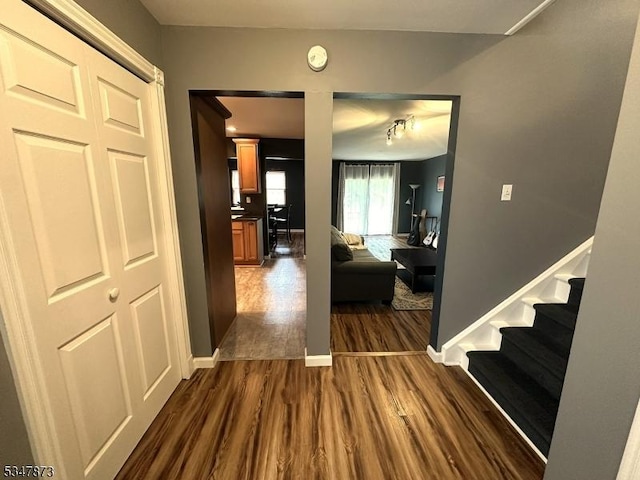 913 Renate Dr Unit 2, Hillsborough Twp, NJ 08844 - corridor with dark wood-type flooring, baseboards, and stairs