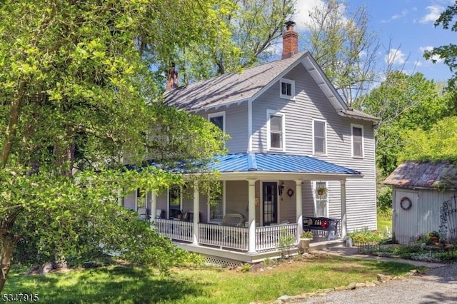 28 Academy St, Califon Boro, NJ 07830 - view of front of house with covered porch and a chimney