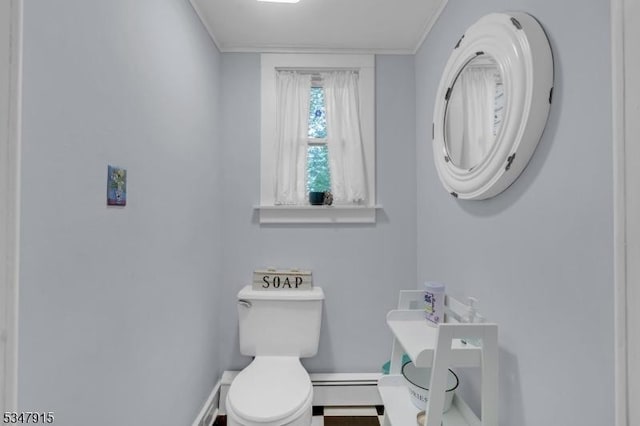 28 Academy St, Califon Boro, NJ 07830 - bathroom with toilet, baseboards, crown molding, and baseboard heating