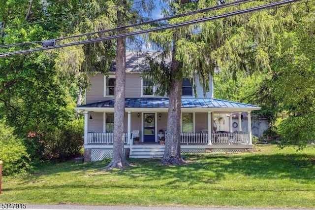 28 Academy St, Califon Boro, NJ 07830 - view of front facade featuring a standing seam roof, a porch, a front lawn, and metal roof