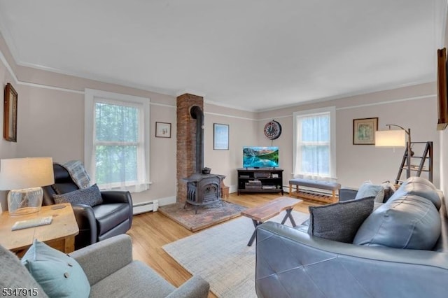 28 Academy St, Califon Boro, NJ 07830 - living room featuring a baseboard radiator, a wood stove, light wood-type flooring, crown molding, and a baseboard heating unit