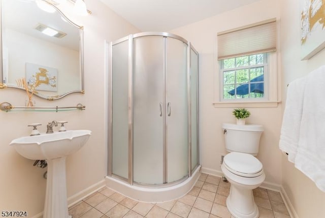 full bath with toilet, tile patterned floors, visible vents, and a stall shower