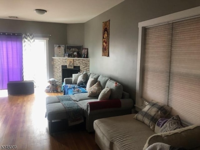 living room featuring a fireplace and dark wood-style floors