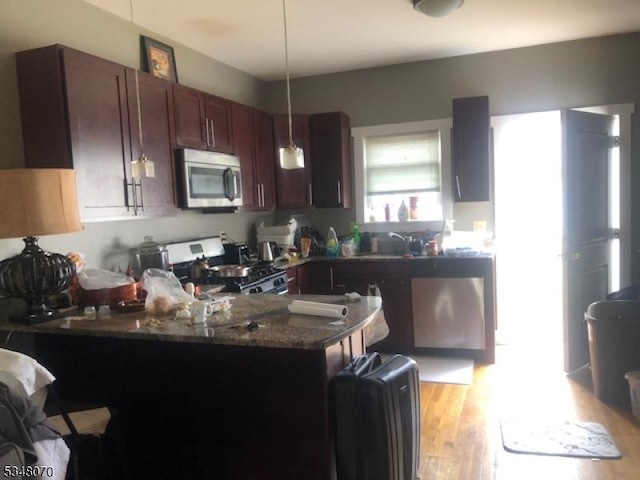 kitchen with pendant lighting, a peninsula, a sink, light wood finished floors, and stainless steel appliances
