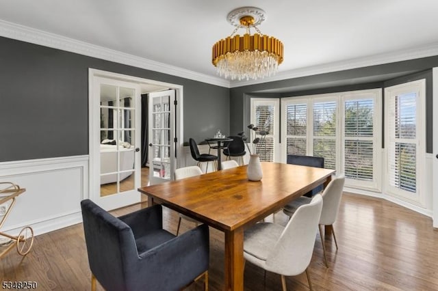 16 James Rd, Randolph Twp, NJ 07869 - dining room with ornamental molding, french doors, wood finished floors, a wainscoted wall, and a chandelier