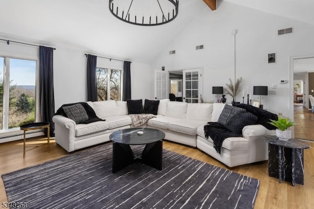 16 James Rd, Randolph Twp, NJ 07869 - living room featuring high vaulted ceiling, beam ceiling, plenty of natural light, wood finished floors, and baseboard heating