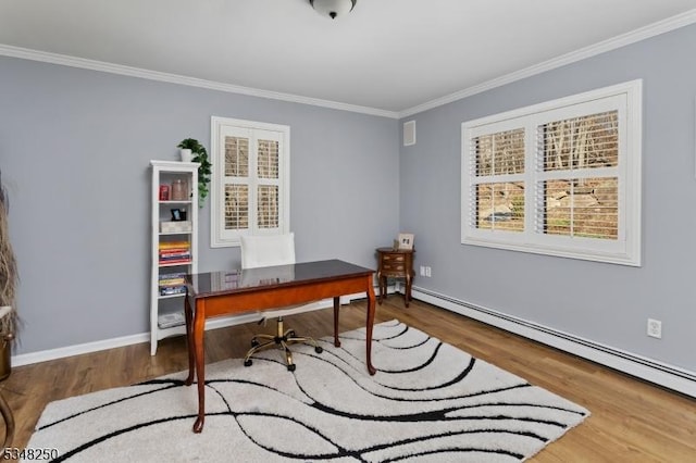 16 James Rd, Randolph Twp, NJ 07869 - home office with ornamental molding, wood finished floors, and a baseboard radiator