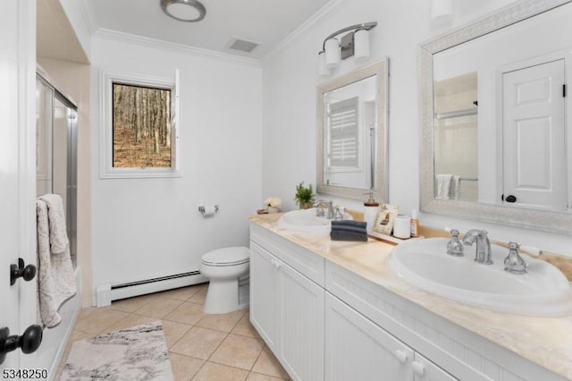 16 James Rd, Randolph Twp, NJ 07869 - bathroom featuring a baseboard heating unit, crown molding, double vanity, a shower with door, and tile patterned flooring