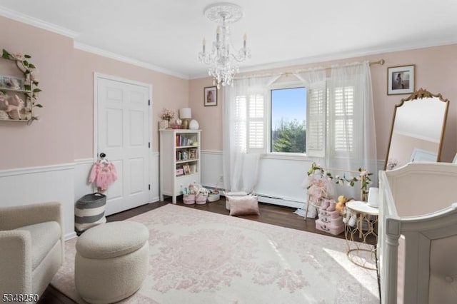 16 James Rd, Randolph Twp, NJ 07869 - bedroom featuring ornamental molding, a chandelier, wood finished floors, and wainscoting