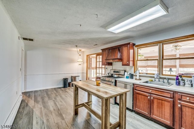 kitchen with baseboard heating, a sink, custom range hood, appliances with stainless steel finishes, and visible vents