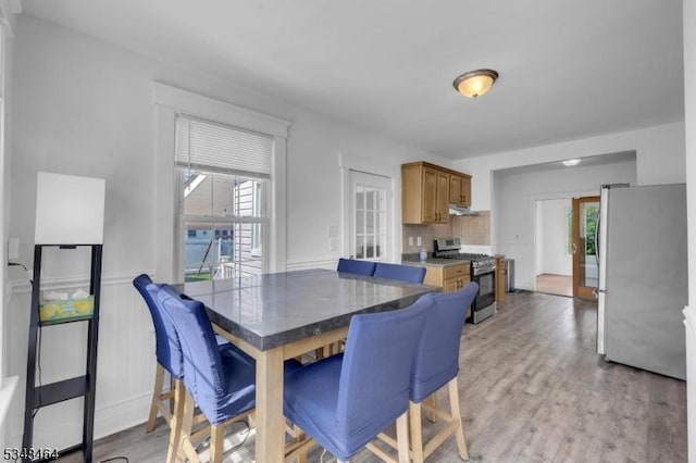 dining space featuring light wood finished floors and a wainscoted wall